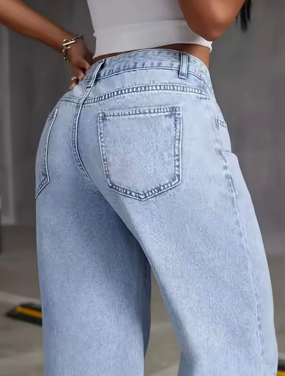 Dettaglio tasche posteriori jeans wide leg donna denim azzurro chiaro, cuciture a contrasto
