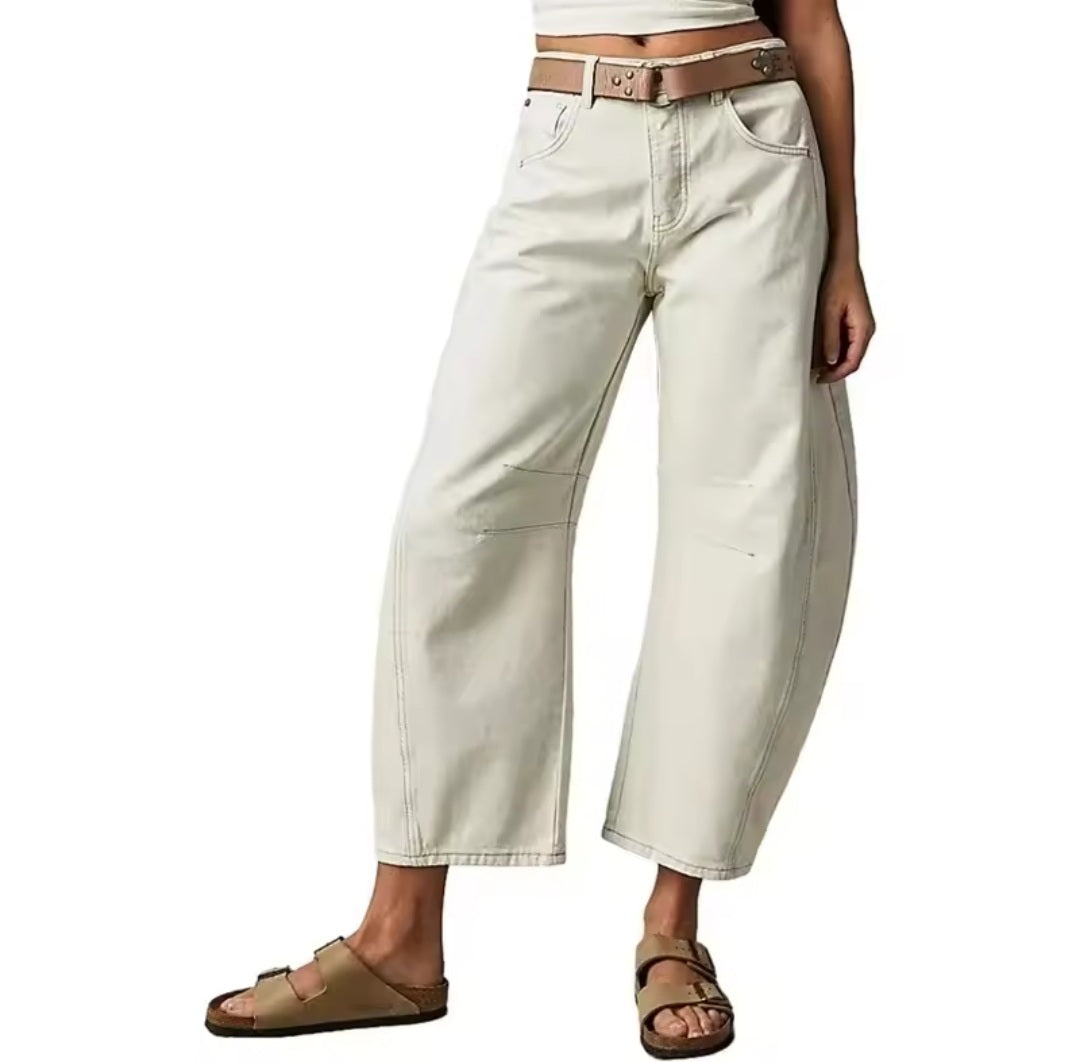 Jeans barrel leg donna colore bianco, fit wide, vita media, stile contemporaneo
