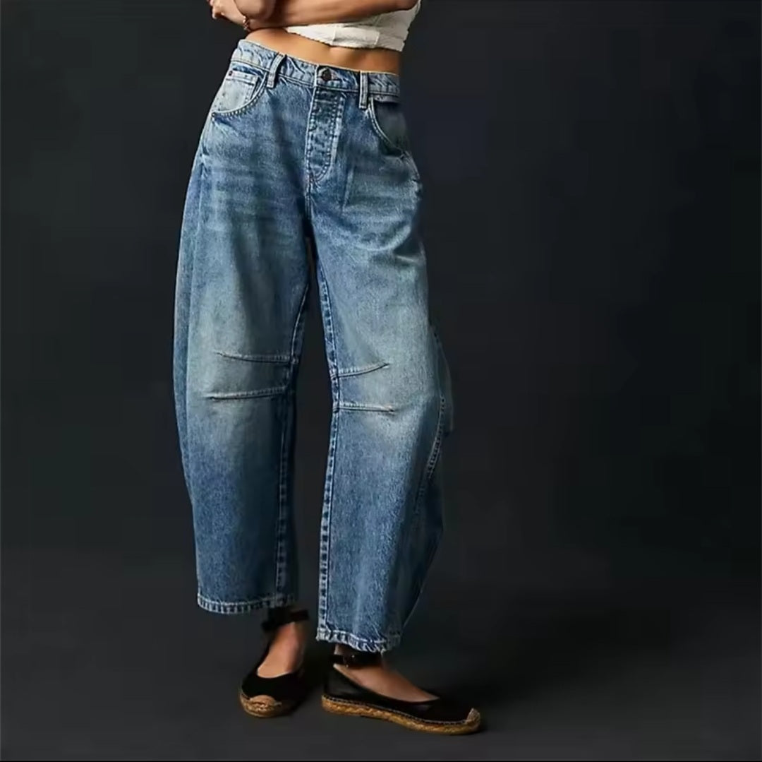 Jeans barrel leg donna colore blu, fit wide rilassato, dettagli al ginocchio