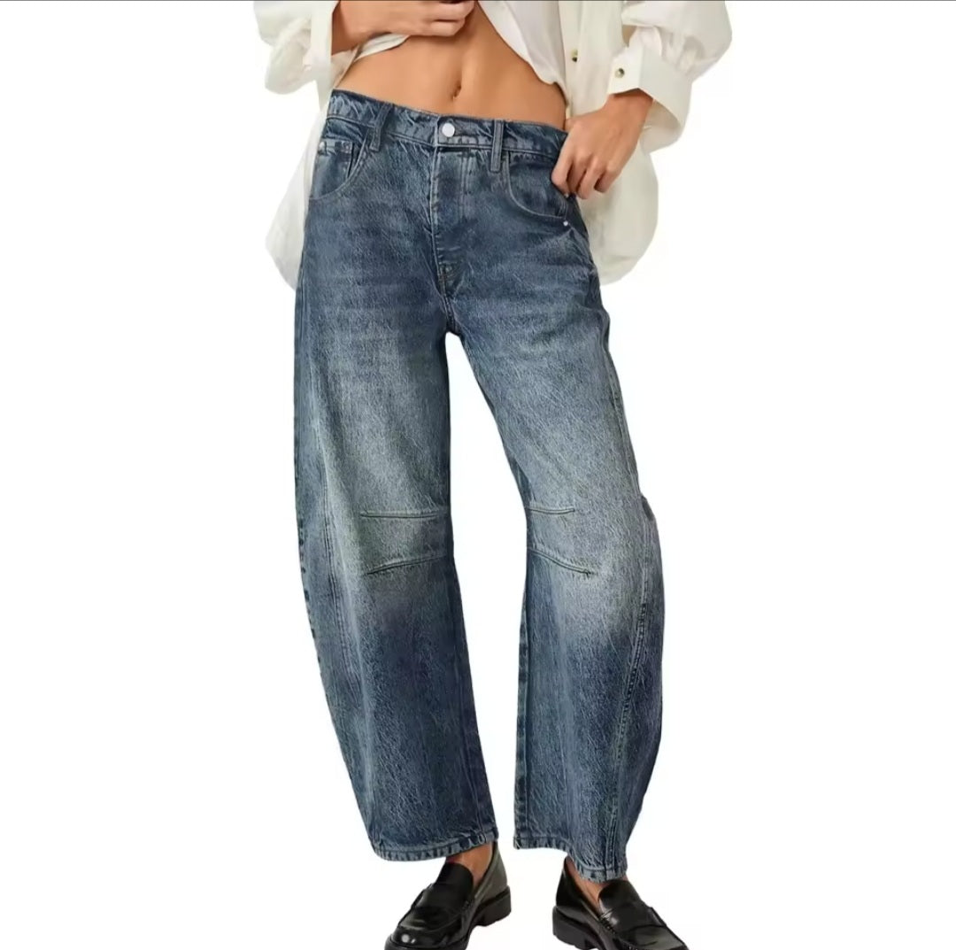 Jeans barrel leg donna denim blu, fit rilassato, cuciture a contrasto, look casual