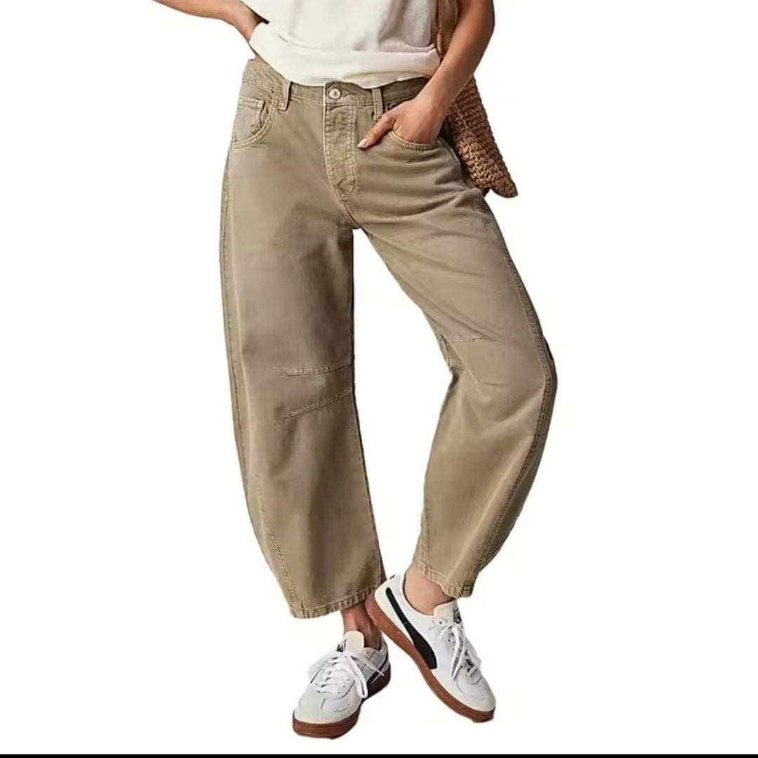 Jeans barrel leg donna colore khaki, fit ampio, cuciture a contrasto, vita media