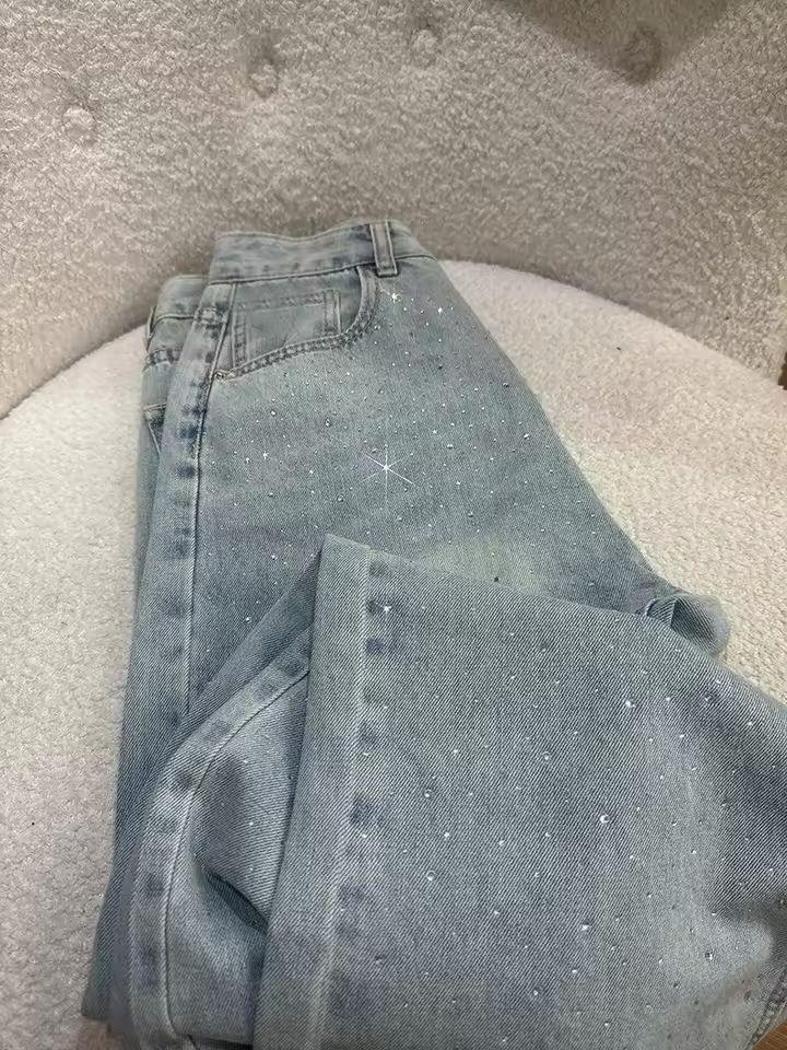 Jeans con micro-strass donna wide leg, denim azzurro chiaro slavato, effetto luminoso