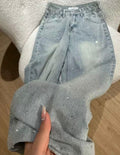 Jeans con strass donna wide leg denim azzurro chiaro, micro-strass su tutta la superficie, orlo grezzo