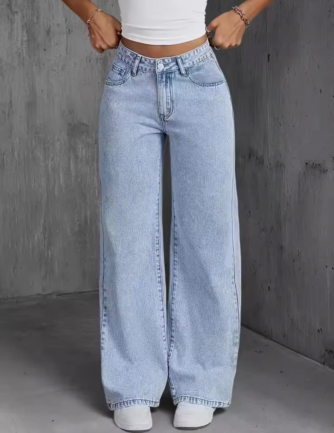 Jeans wide leg donna azzurro chiaro, vita media, fit fluido, cuciture a contrasto