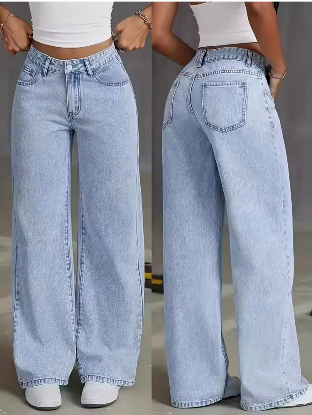 Jeans wide leg donna azzurro chiaro, vista frontale e posteriore, fit rilassato, denim stone-washed