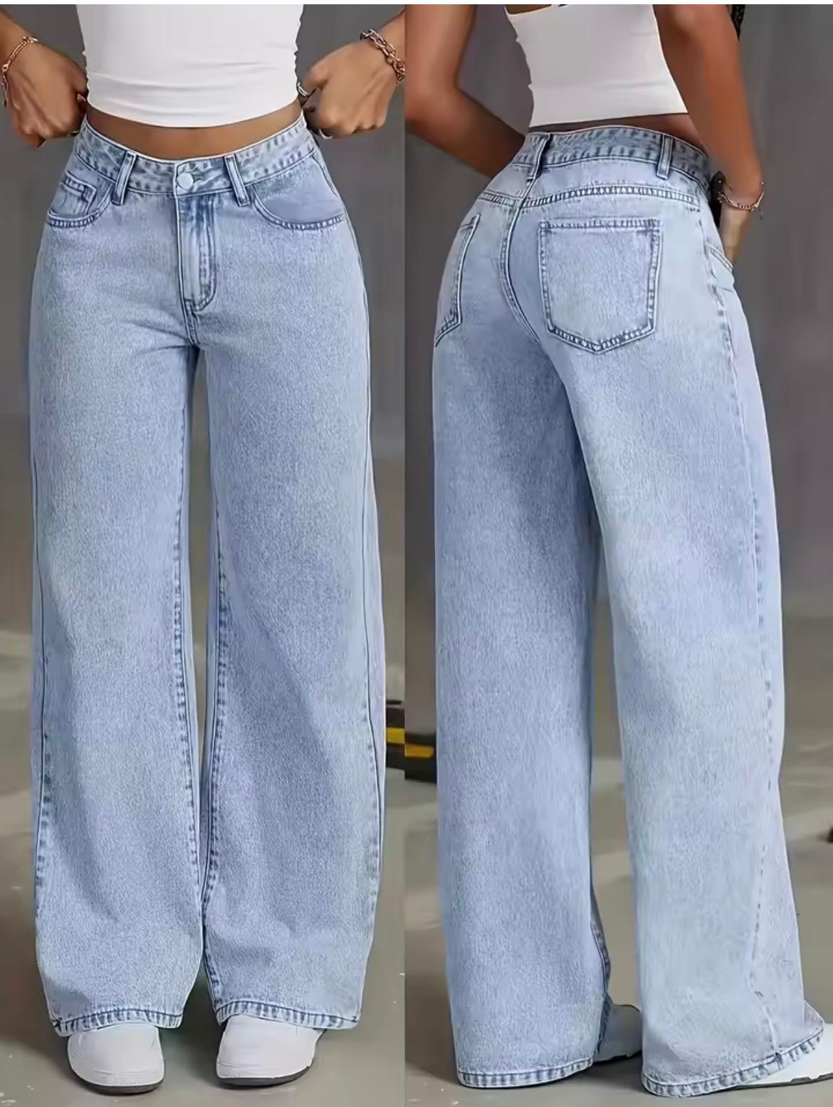 Jeans wide leg donna azzurro chiaro, vista frontale e posteriore, fit rilassato, denim stone-washed