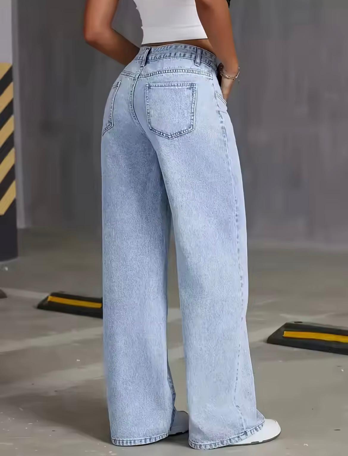 Jeans wide leg donna denim azzurro chiaro, vista posteriore, gamba larga, vita media