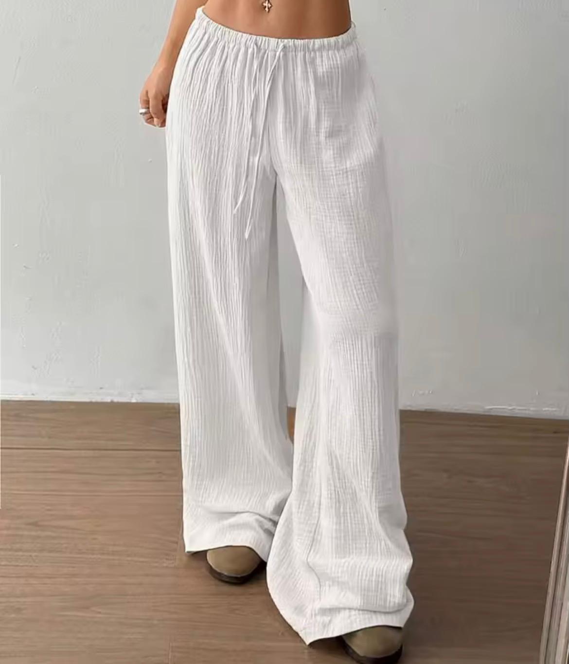 Pantalone largo donna tessuto crinkle bianco, vita elastica con coulisse, fit palazzo