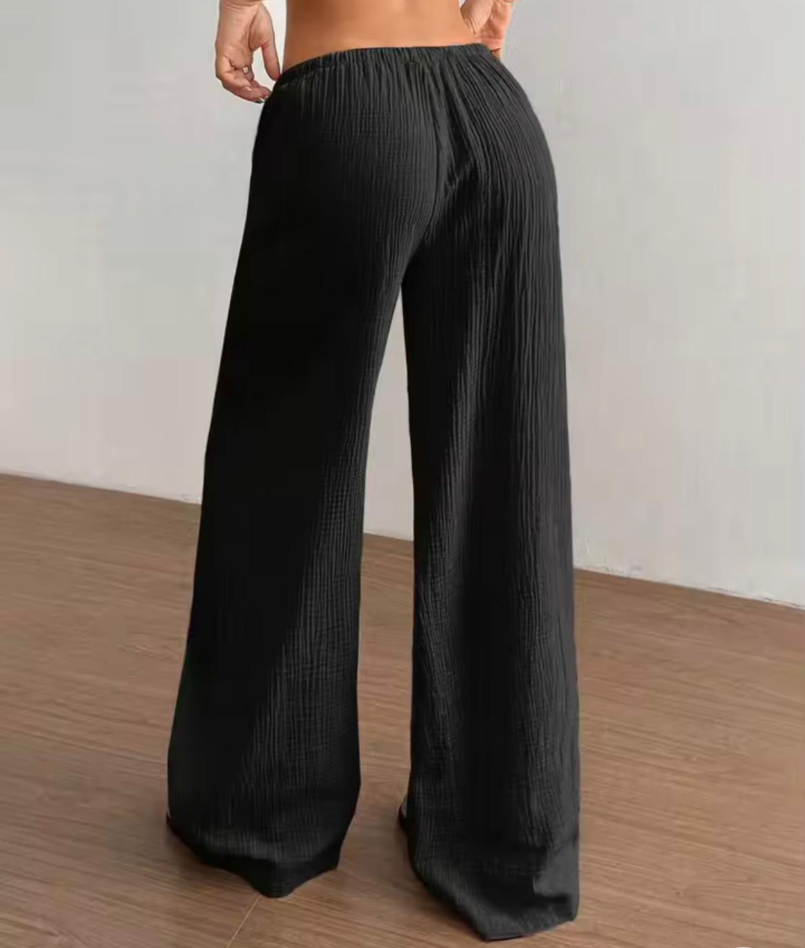 Pantalone largo donna tessuto crinkle nero, vita elastica con coulisse