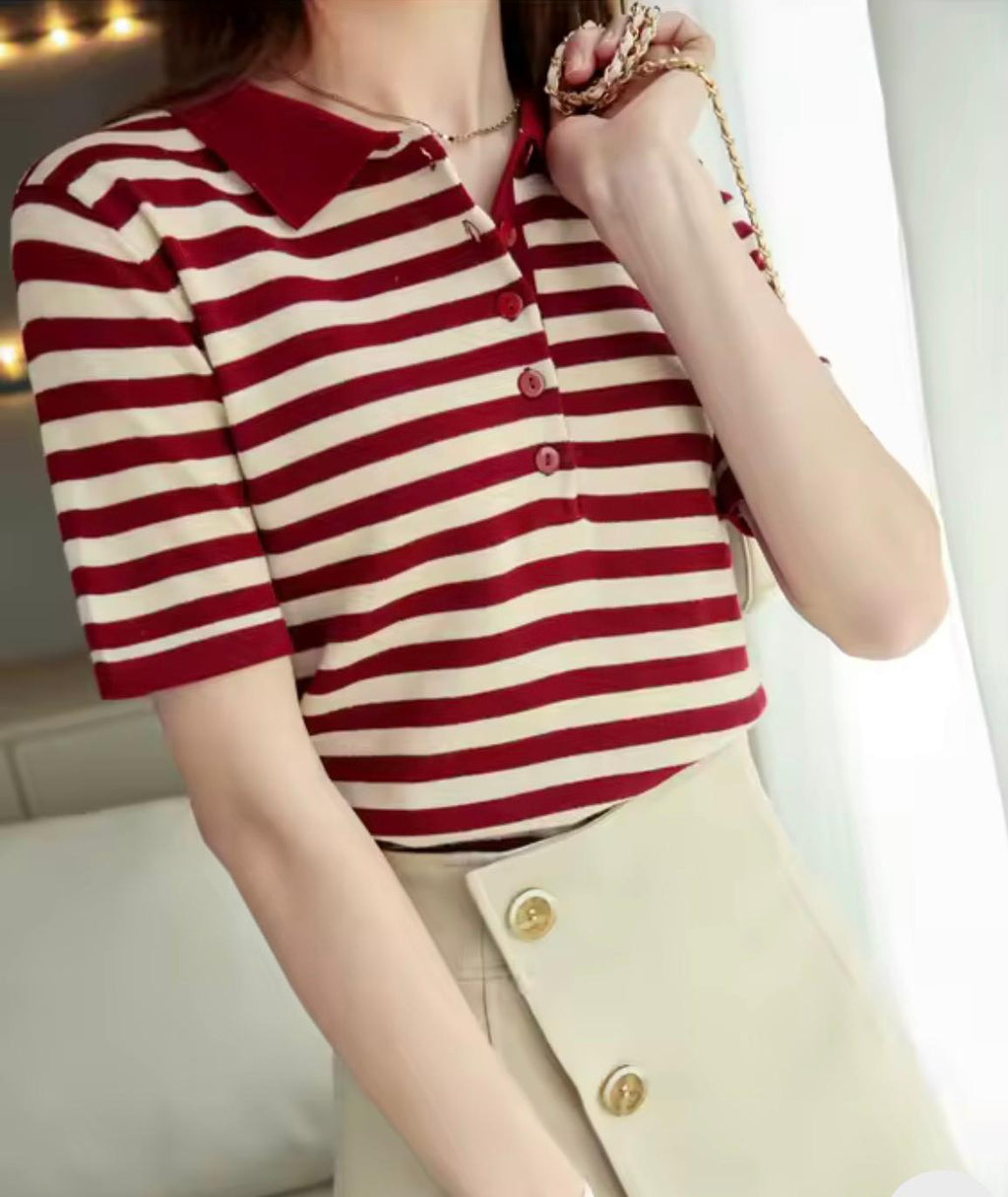 Pullover donna cotone righe rosso e bianco, collo polo, maniche corte primavera estate