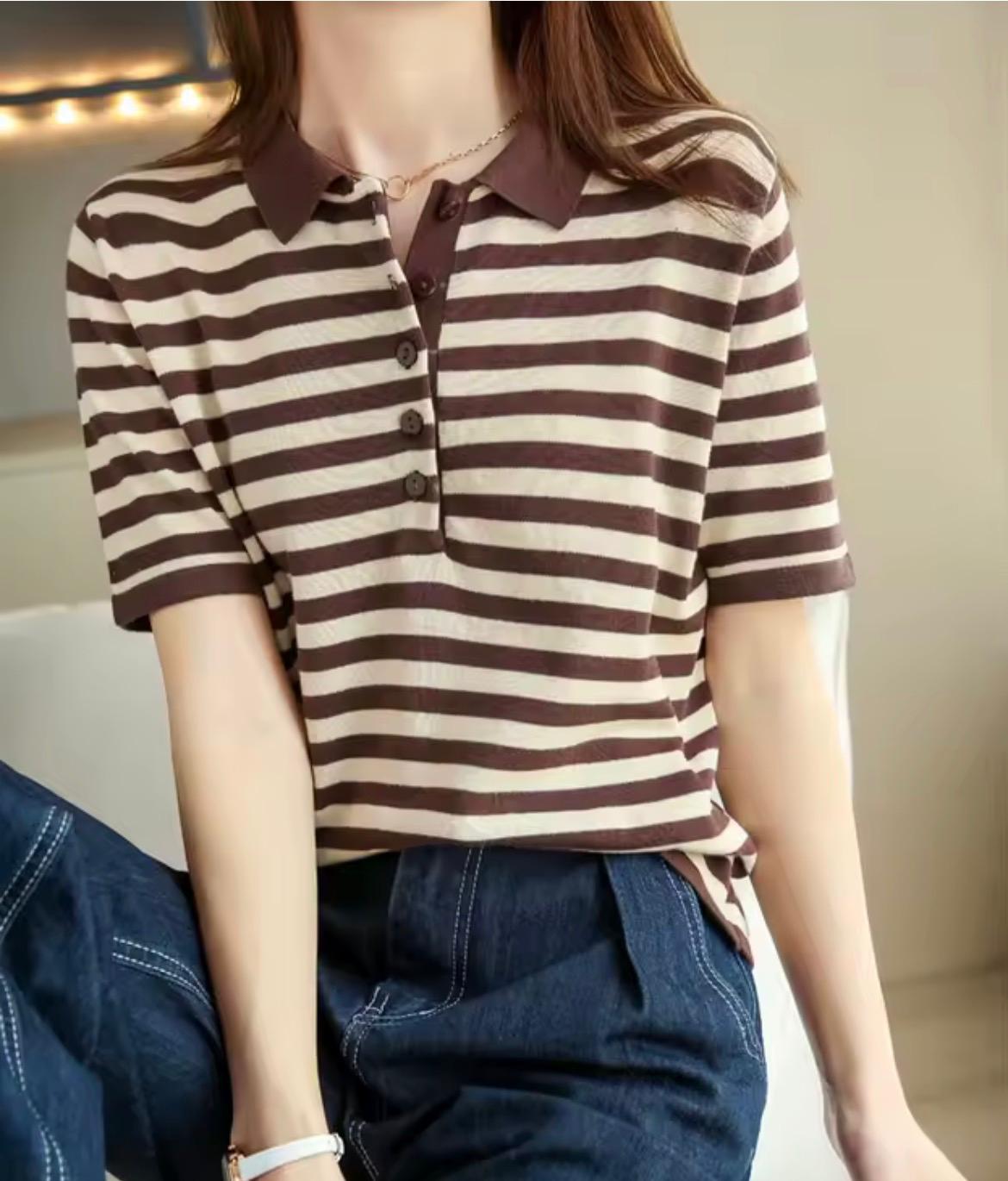Pullover donna cotone righe rosso e bianco, collo polo, maniche corte primavera estate