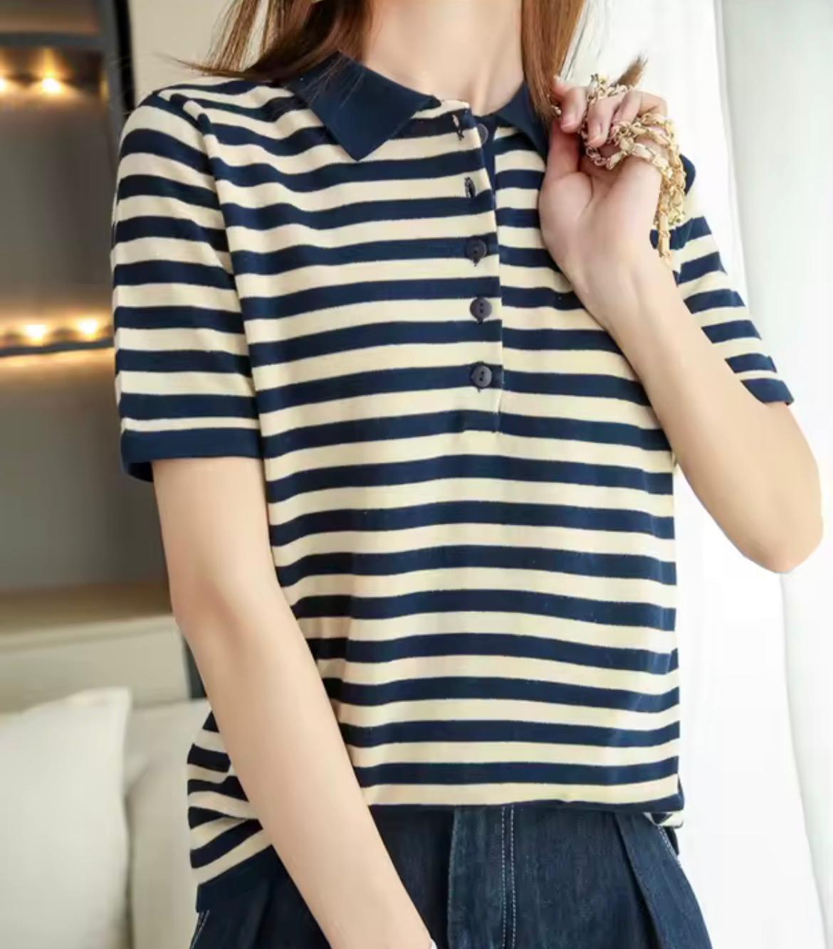 Pullover donna manica corta righe blu e bianco, collo polo, cotone primavera estate
