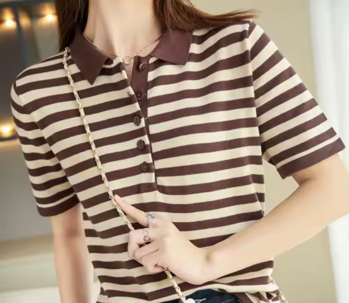 Pullover donna cotone righe cachi e bianco, collo polo con bottoni, manica corta