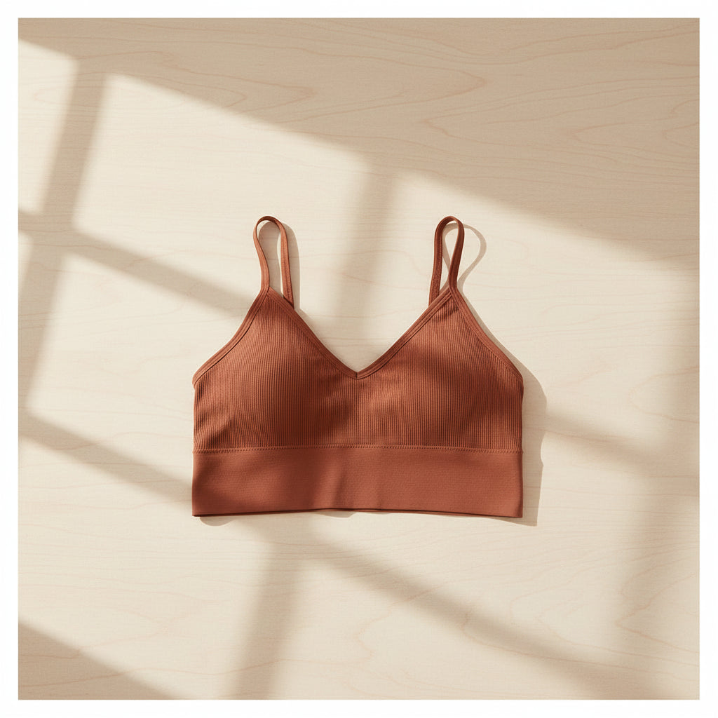 Reggiseno morbido a costine color marrone con scollo a V e spalline sottili – vista frontale
