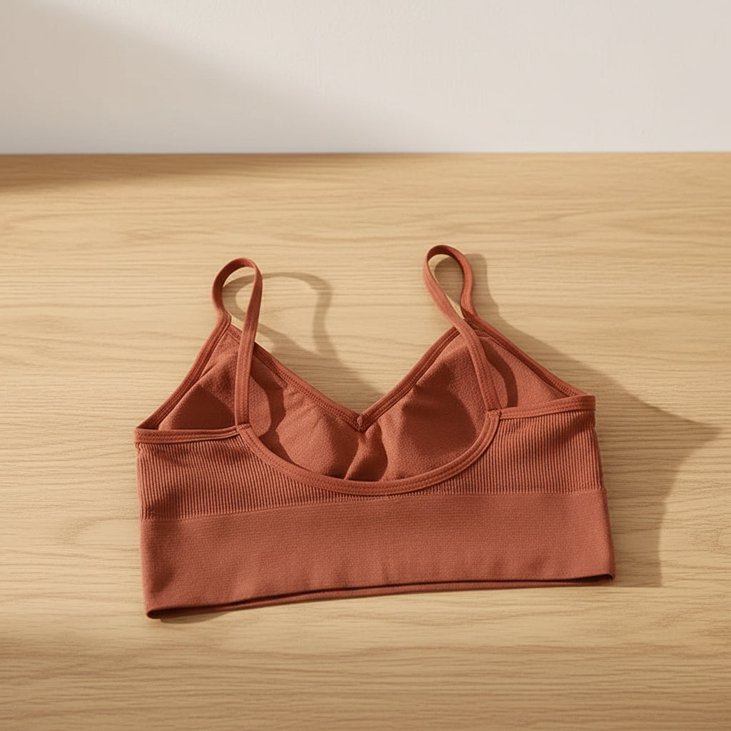 Reggiseno morbido a costine color marrone con scollo a V e spalline sottili – vista retro