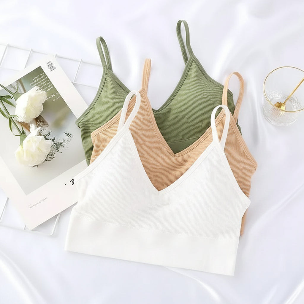 Reggiseno morbido a costine con scollo a V e spalline sottili, colore bianco, beige e verde