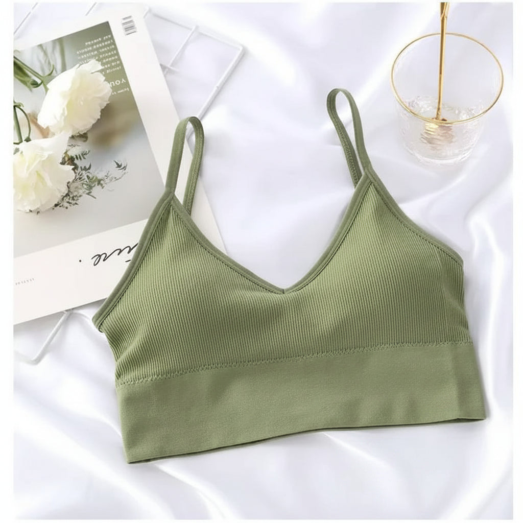 Reggiseno morbido a costine con scollo a V e spalline sottili, colore verde