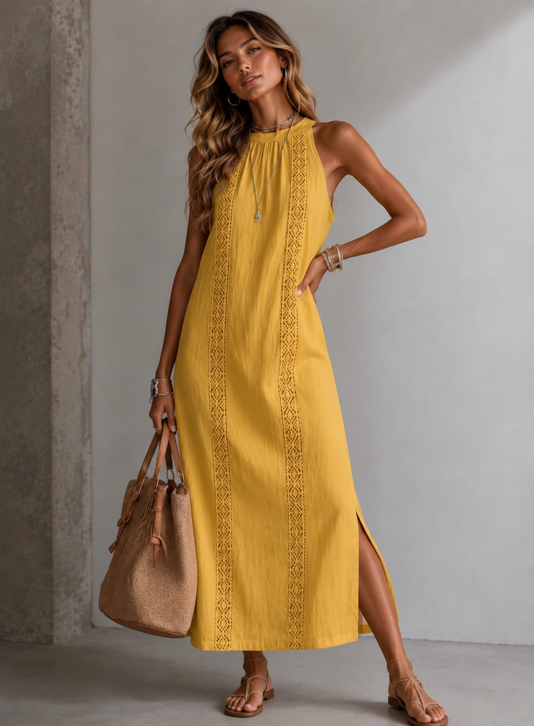 Vestito Maxi con Pizzo Giallo – Abito Estivo Donna | My One Only Shop