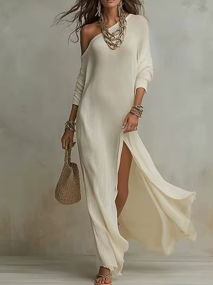 Vestito maxi monospalla con spacco laterale colore bianco panna – manica lunga, tessuto fluido