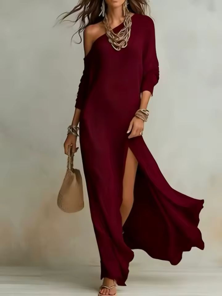 Vestito maxi monospalla con spacco laterale colore bordeaux – manica lunga, tessuto fluido