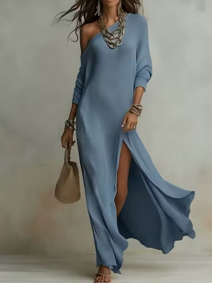 Vestito maxi monospalla con spacco laterale colore light blue – manica lunga, tessuto fluido