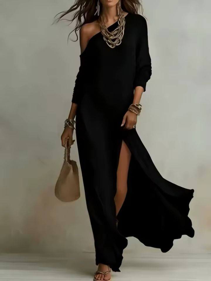 Vestito maxi monospalla con spacco laterale colore nero – manica lunga, tessuto fluido