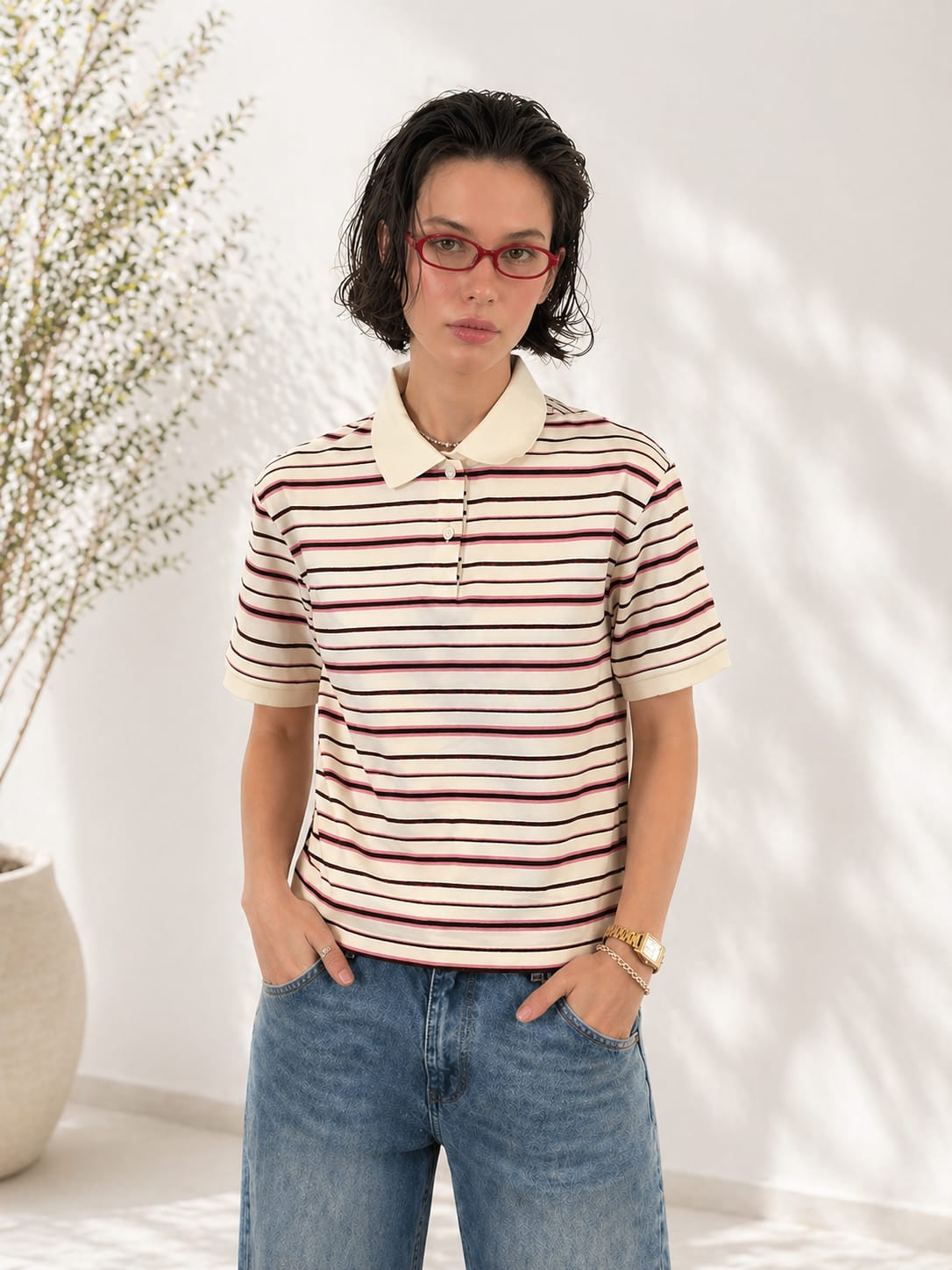 Polo a righe in maglia cropped donna, variante Apricot, colletto polo con bottoni