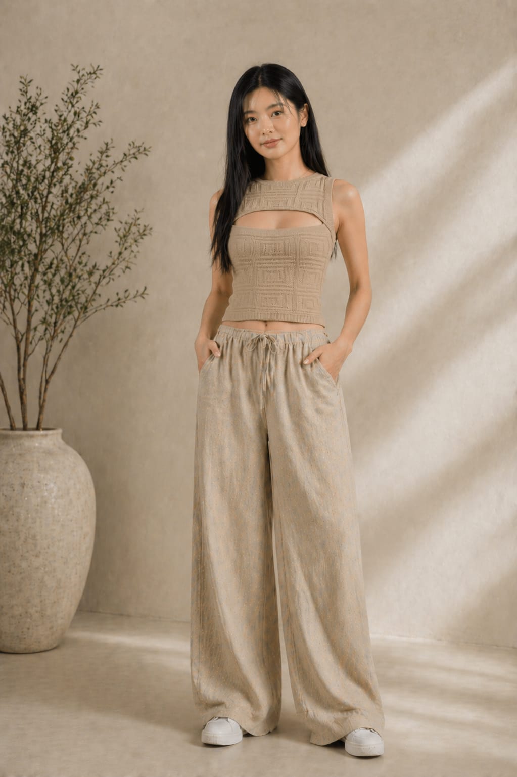 Look completo (khaki con pantalone largo): Top corto estivo in cotone lavorato khaki – look completo con pantalone largo beige | My One Only Shop