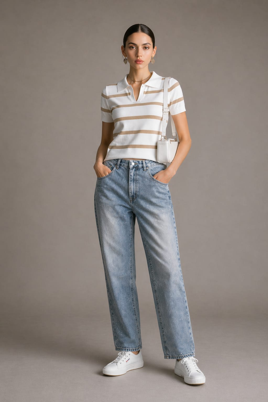 Polo a righe cachi e bianco indossata con jeans wide leg, look casual estivo donna